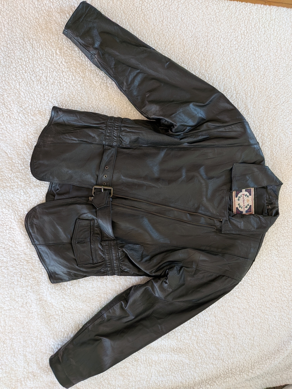 Vintage 80s/90s Paris Sport Club Belted Black Leather Jacket Size L